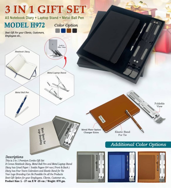 3 in 1 gift set diary, laptop stand and metal ball pen